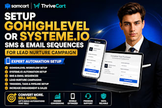 setup gohighlevel or systeme IOS SMS email s sequence for email lead nuture camp