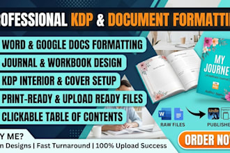 do manuscript formatting, google doc ms word, workbook, kdp journal cover design