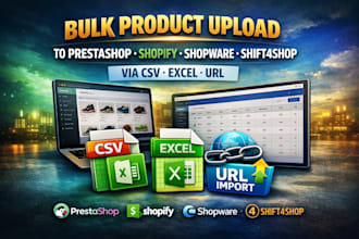 bulk product upload to prestashop shopify shopware shift4shop via csv excel url