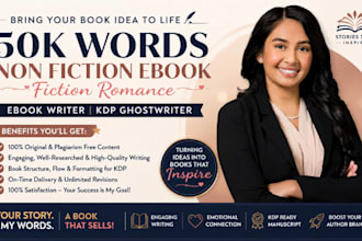 write 50k non fiction ebook, fiction romance, ebook writer, kdp ghostwriter