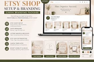 setup etsy shop, canva branding kit, listings and etsy SEO