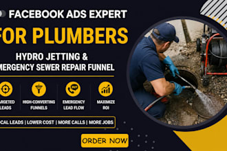 be facebook ads expert for plumbers, hydro jetting emergency sewer repair funnel