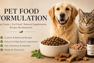 pet food formulation, dog treat, cat food, natural supplement recipe development