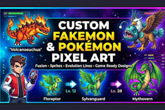 create fakemon, pokémon style monsters, pixel art sprite, fantasy creatures logo