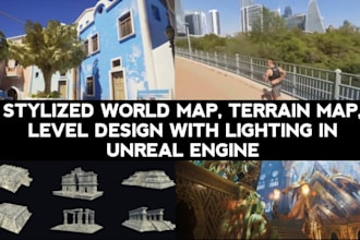 create stylized world map, terrain map, landscape, level design with lighting