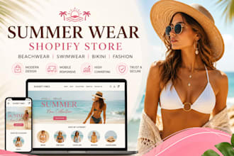 design summer wear shopify store swimwear, beachwear, bikini, fashion website