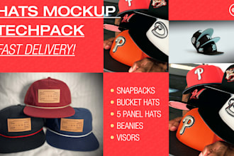 design rope cap, snapback, bucket hat mockup tech pack