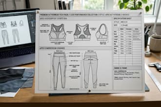 create activewear fashion tech pack technical flat sketch and apparel design