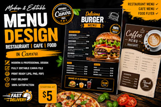 design editable restaurant menu, cafe menu and food flyer in canva