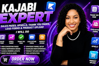 kajabi sales page, upsells, product upload, lead capture forms, thank you page