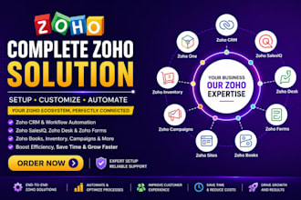 setup and customize your zoho crm, zoho salesiq zoho desk zoho form books zoho