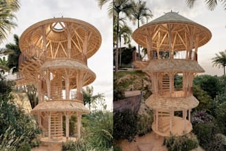do realistic 3d bamboo house, eco villa and tropical resort rendering design