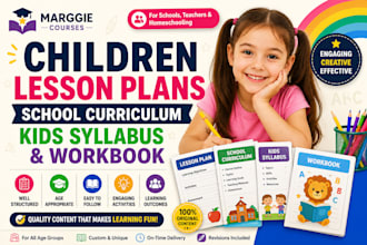 create children lesson plan, school curriculum, kids syllabus, quiz and workbook