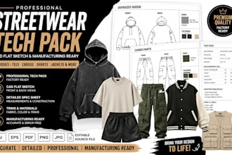 streetwear tech pack cad flat sketch for hoodies cargos tee shorts manufacturing