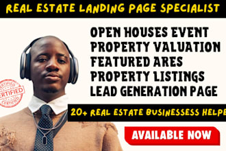 design real estate landing page for open houses, featured areas, home valuation