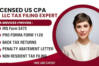 file irs tax returns and back taxes for foreign owned llc 5472 and 1120 CPA