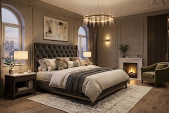do luxury interior cozy bedroom, bed design, bathroom 3d rendering sketchup