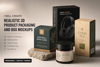create realistic 3d product packaging and box mockups