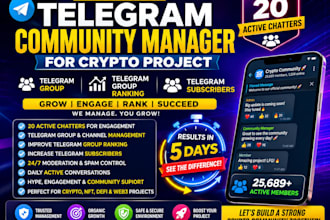 be telegram community manager  20 chatters in crypto project, telegram channel