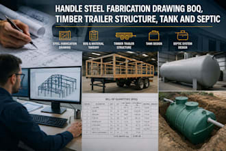 handle steel fabrication drawing boq, timber trailer structure, tank and septic