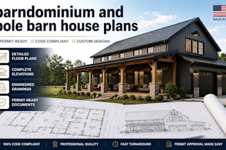 draw barndominium and pole barn house plans with pe stamp and licensed architect