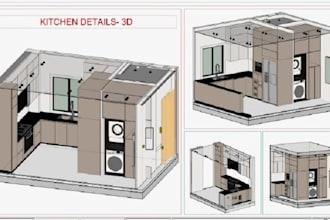 create detailed kitchen shop drawing and realistic 3d rendering