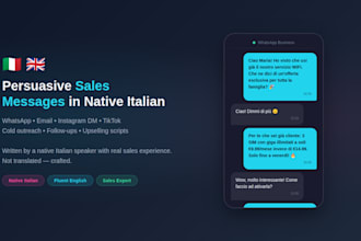 write persuasive sales messages in italian for whatsapp email and dm