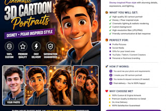 design cinematic 3d cartoon portraits in a disney inspired pixar style