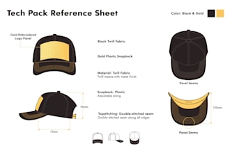 create a cap tech pack, hat design, and 3d headwear tech pack for production