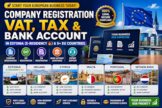 do company registration, vat, tax, bank account in estonia, ireland,cyprus,malta