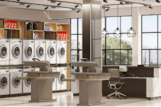 do 3d laundromat design,wash house,laundry shop, reception, fabric care facility