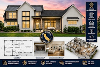 draw licensed california adu floor plans, garage conversion and 3d rendering