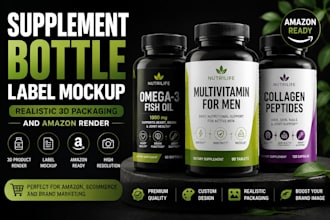create supplement bottle label mockup, realistic 3d packaging and amazon render
