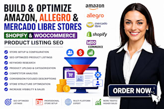 build amazon allegro mercado libre store woocommerce shopify product listing SEO