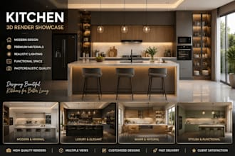 do 3d interior design for kitchen, bathroom, dining, bedroom, living room design