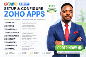 setup zoho crm, zoho one, forms, campaign, creator, flow, books, people, mail