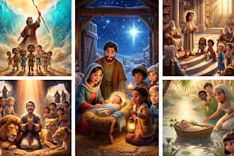 christian bible children story book illustration, bible themed illustration
