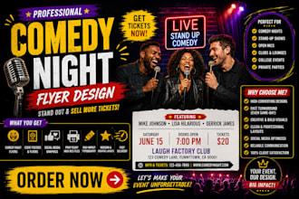 design comedy night flyer, gaming flyer, event, party, night club, comedy flyer