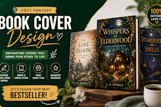 design a cozy fantasy book cover with a warm cottage core aesthetic