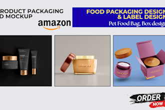 do modern food packaging, box design, label design pet food bag, amazon listing