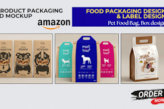 do modern food packaging, box design, label design pet food bag, amazon listing