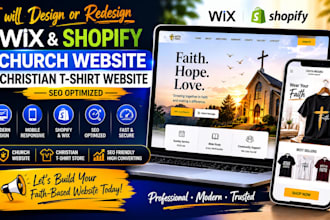 design or redesign wix shopfy  church website christian t shirt website seo