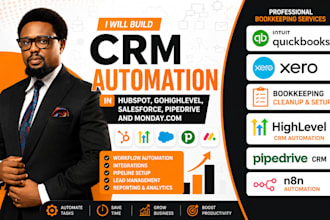 bookkeeping, quickbooks, xero cleanup and setup gohighlevel, pipedrive crm, n8n