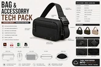 create bag tech pack handbag leather goods spec sheet for manufacturer