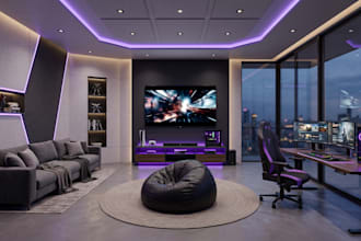 design 3d interior render for gaming room, podcast, tv set stage, pilate studio
