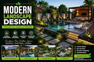 design modern landscape design, frontyard, pool, garden and 3d rendering