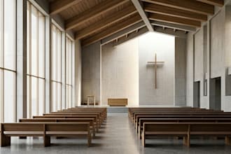 design church interior in 2d floor plan and realistic 3d rendering