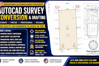 design autocad survey conversion, land survey cad, survey drafting, topo map cad