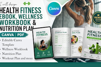 design health fitness ebook, wellness workbook nutrition plan editable canva PDF