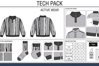 design knitwear tech pack, jacquard knit, sweater and knitted socks